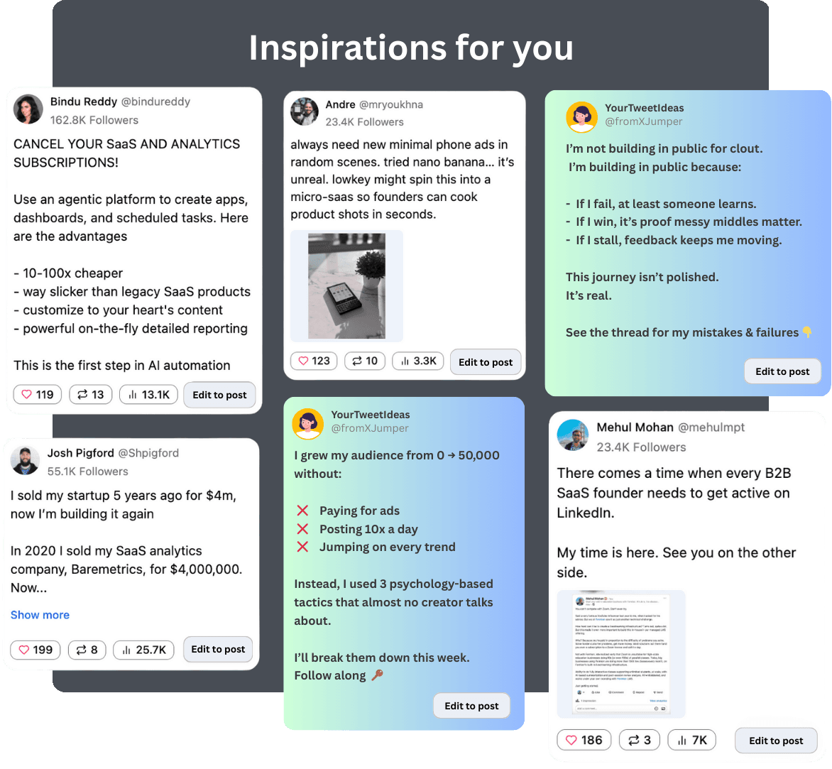 Examples of social media post inspirations for SaaS founders and creators, featuring AI automation benefits, audience growth strategies, startup success stories, and LinkedIn marketing posts with high engagement.