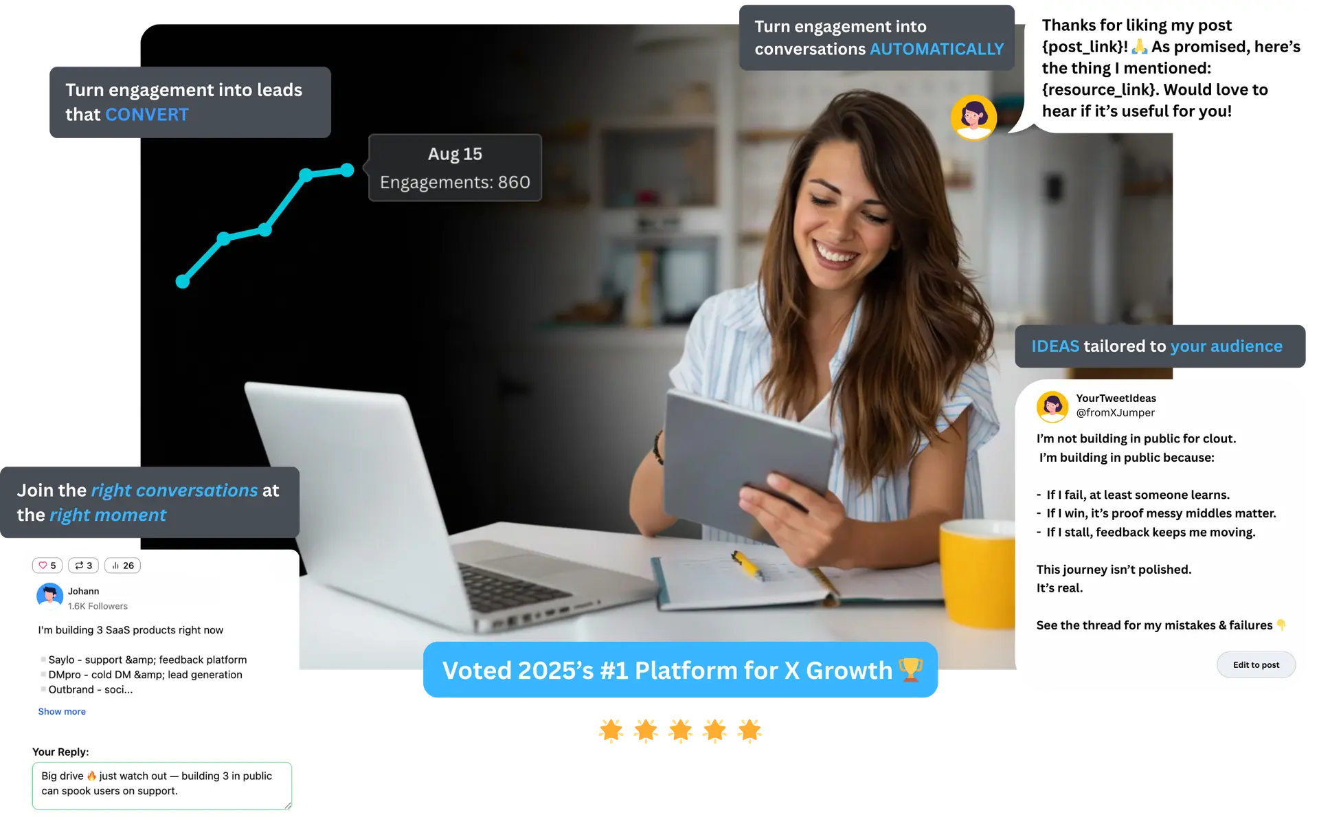 XJumper X/Twitter automation dashboard showing Auto Reply, Auto Follow, AI Post Generator, and analytics features